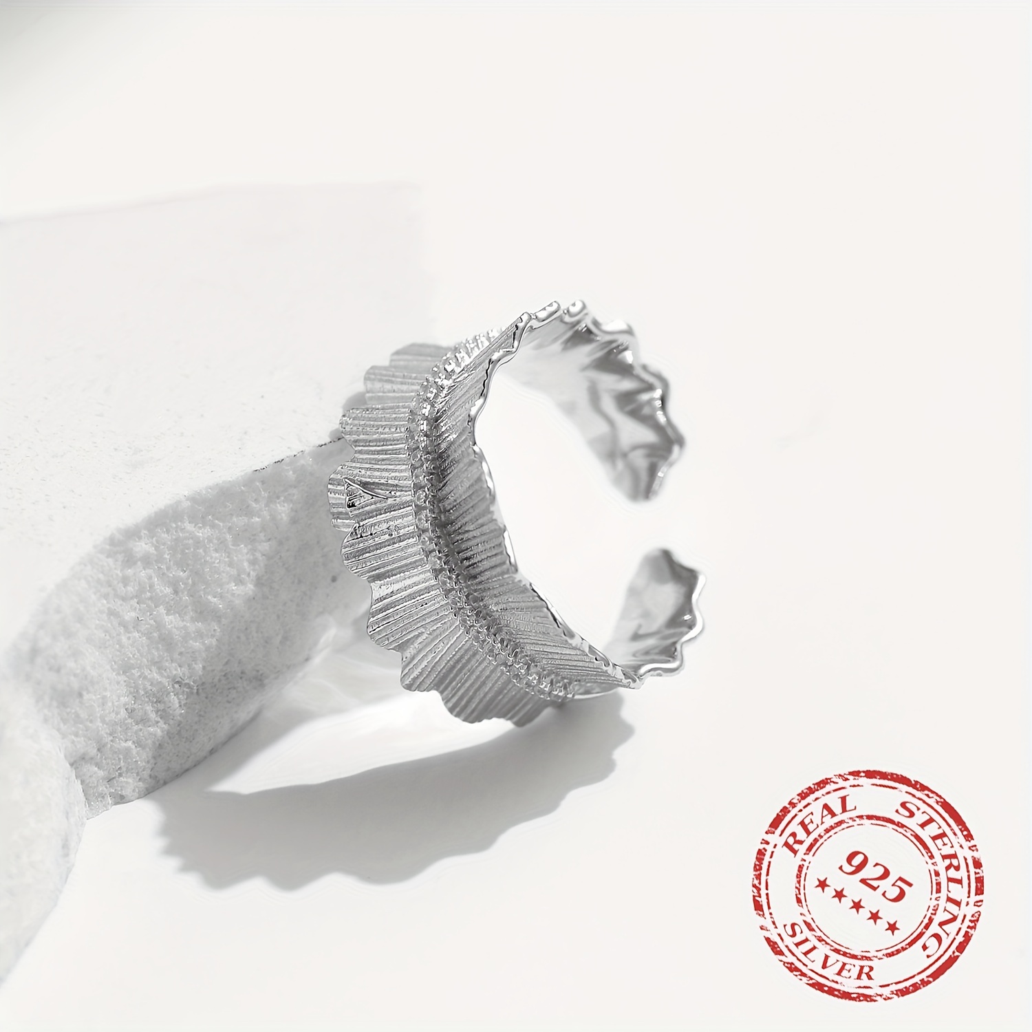 925 Silver Adjustable Texture Finger Ring Thick Stackable Pave Setting Rings